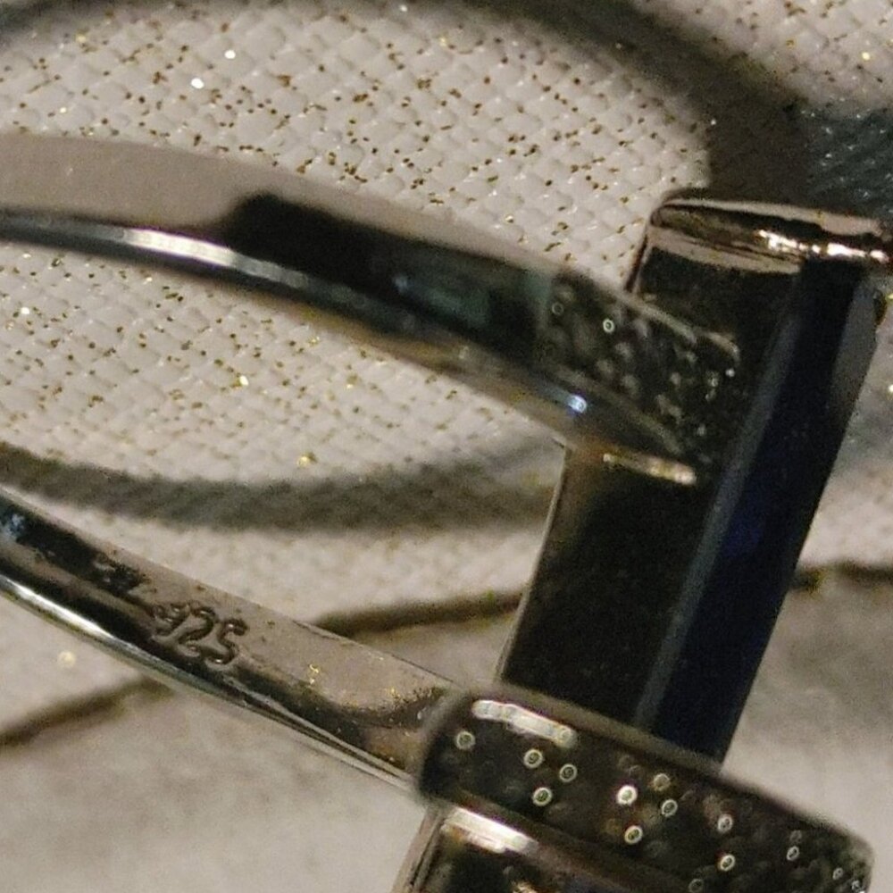 Ring Size 9 Art Deco Blue Rectangular Gemstone Clear Crystal Accents Silver Tone - Picture 9 of 13